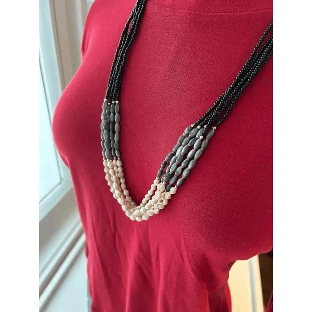 LOFT Timeless Black, Gray And Cream Color Long Beaded Necklace